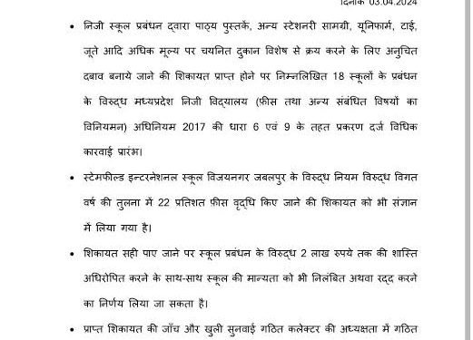 निजी स्कूलों की मनमानी पर शिकंजा : जबलपुर में कलेक्टर ने एक साथ 34 स्कूलों के खिलाफ दिए FIR के आदेश